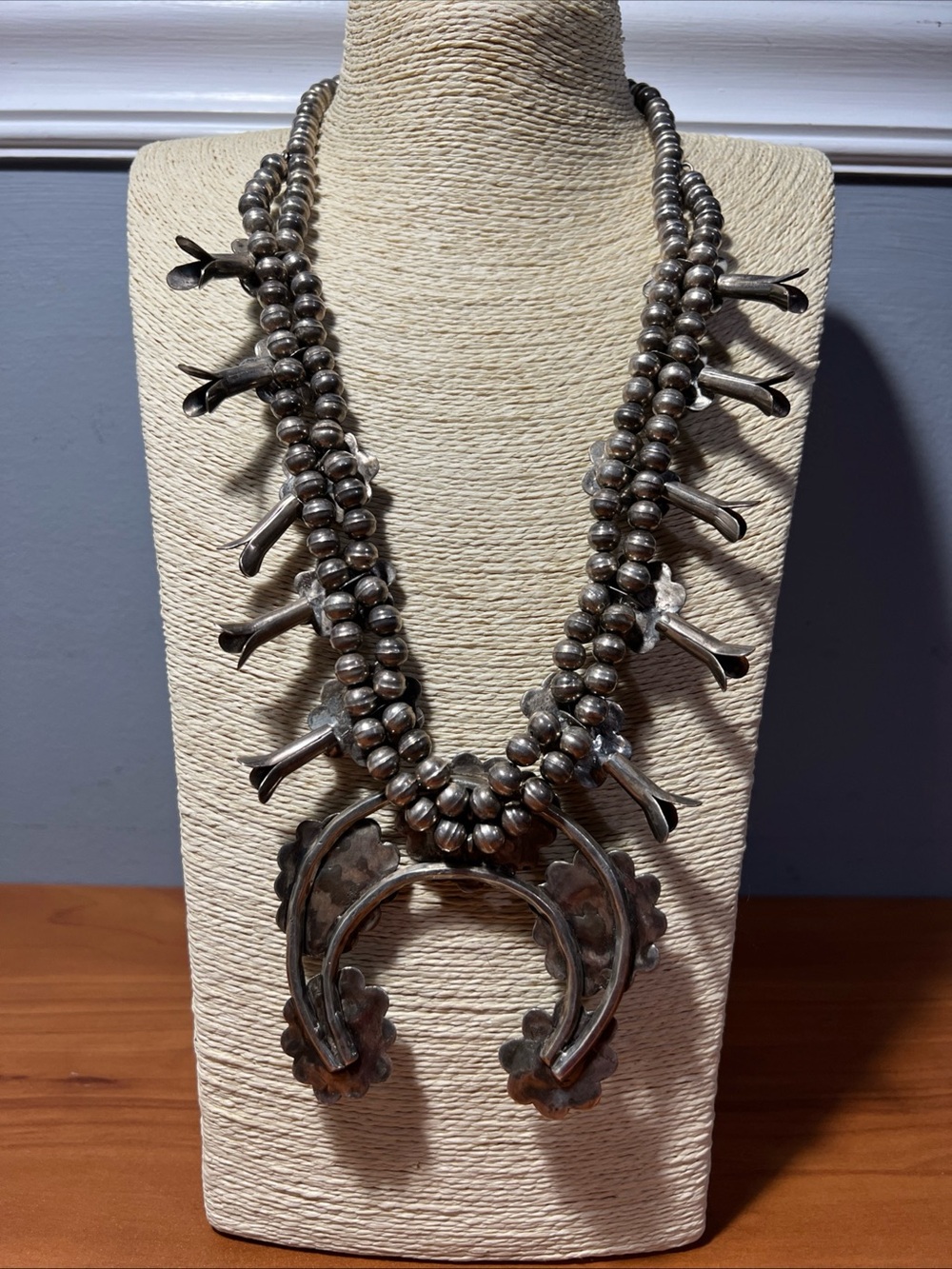 Vintage 60s Navajo Bisbee Turquoise .925 Silver Squash Blossom 24”Necklace 220g - Picture 7 of 14
